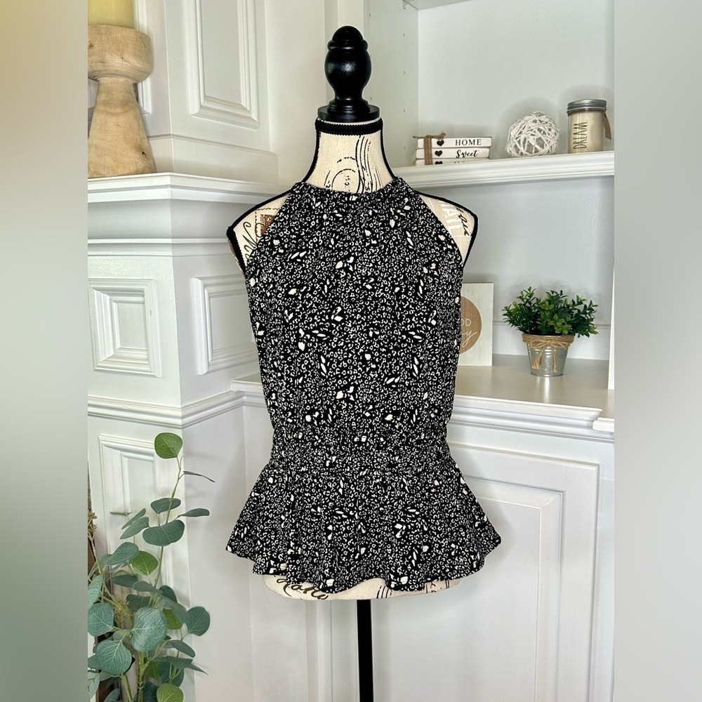 Nine West Womens Cheetah Print High Neck Peplum Top Black White Size Medium